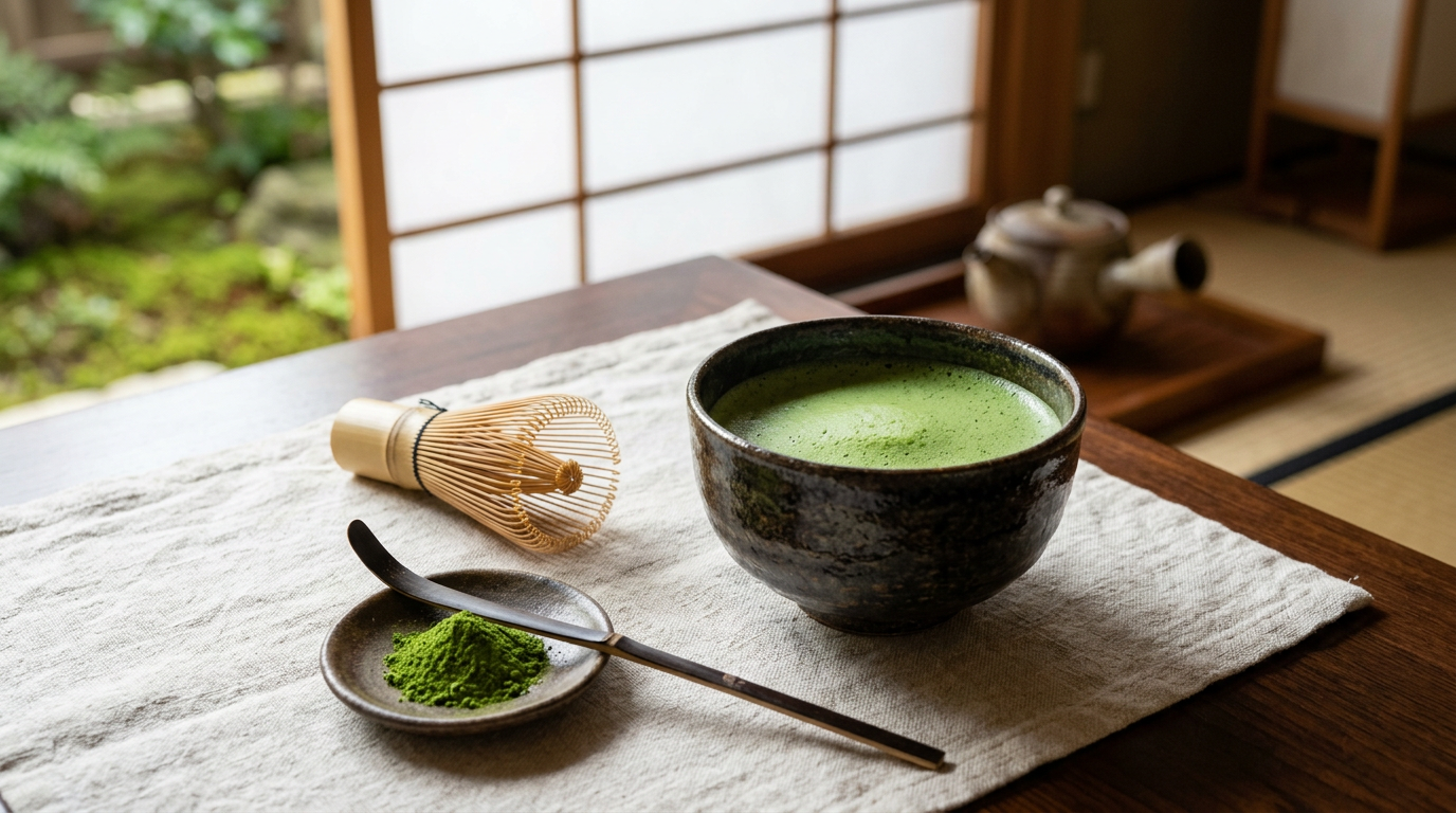 抹茶の茶碗と茶筅の静かな情景