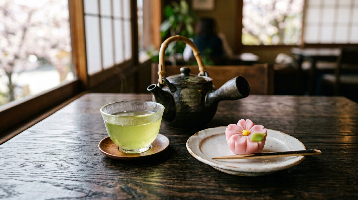 季節の煎茶と一口和菓子